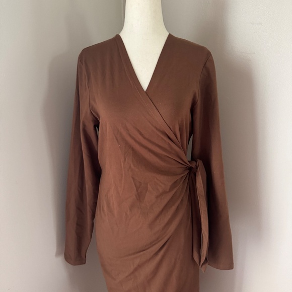Audrey Leighton Brown V Neck Long Sleeve Midi Wrap Dress Size Large - Picture 3 of 12